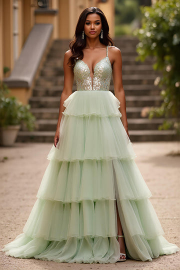 Sparkly Light Green Spaghetti Straps Tiered Long Formal Dress with Sequins